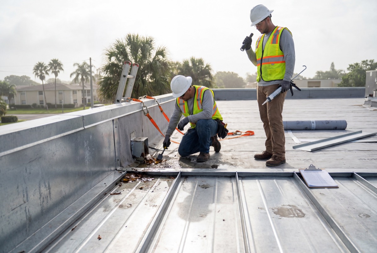 Construction workers inspecting metal roof panels