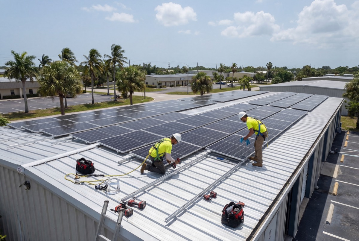 Workers installing solar panels on metal roof