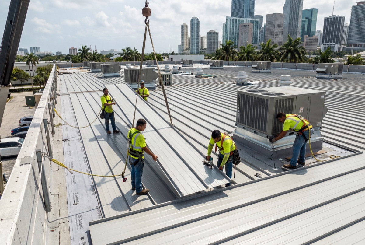 Workers installing metal roof panels on building