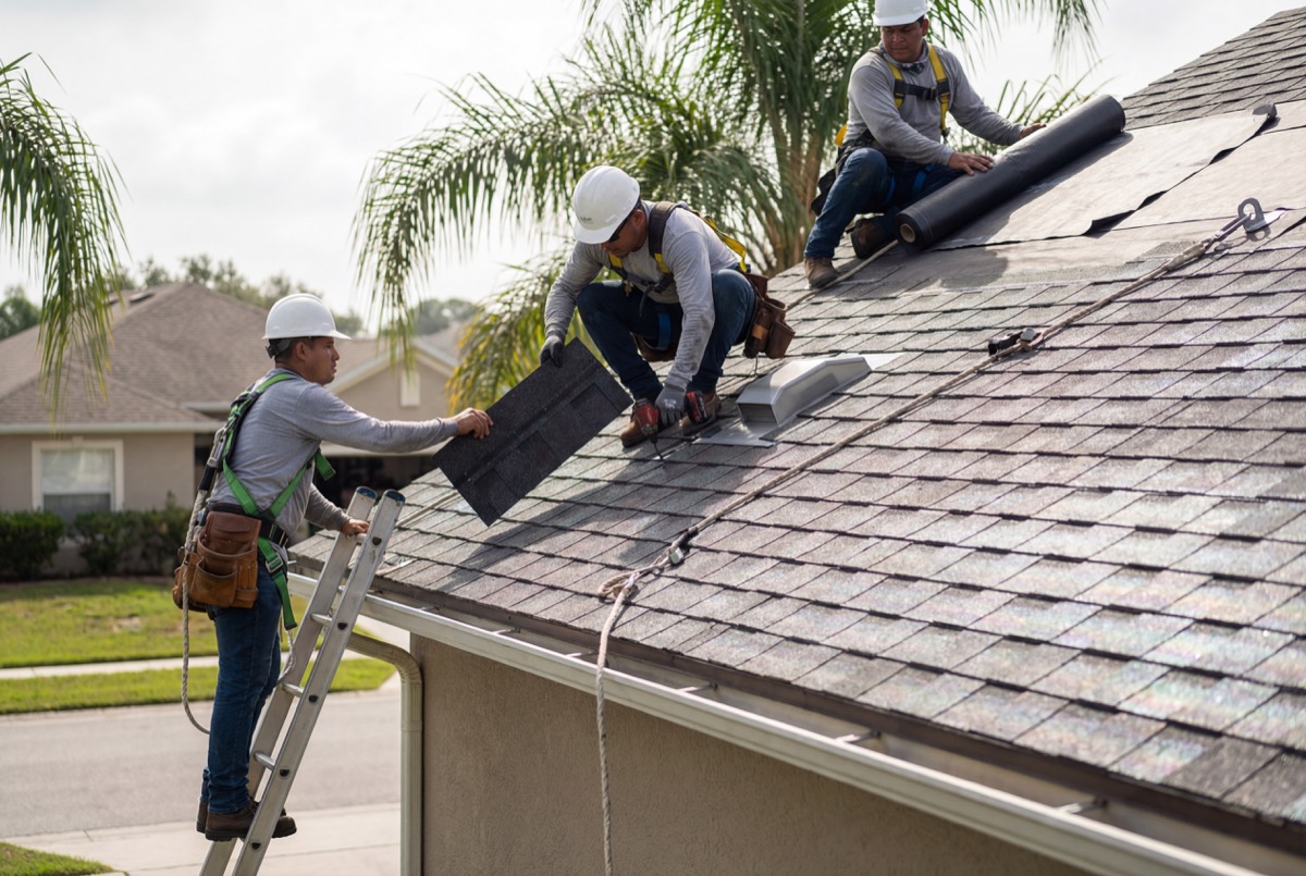 Workers installing shingles on house roof