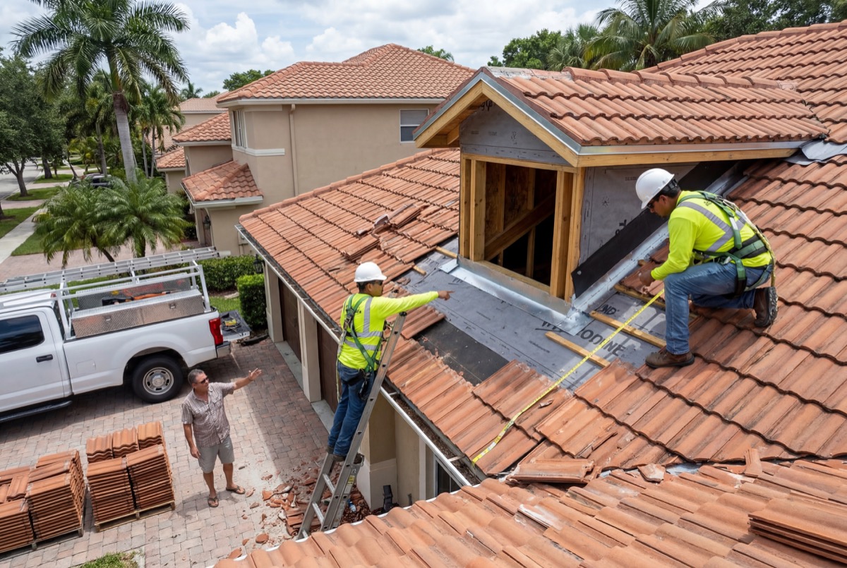 Workers installing solar panels on house roof