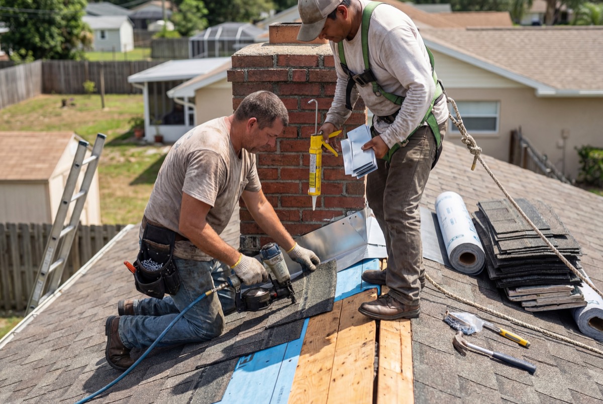 Roofers installing shingles on house roof