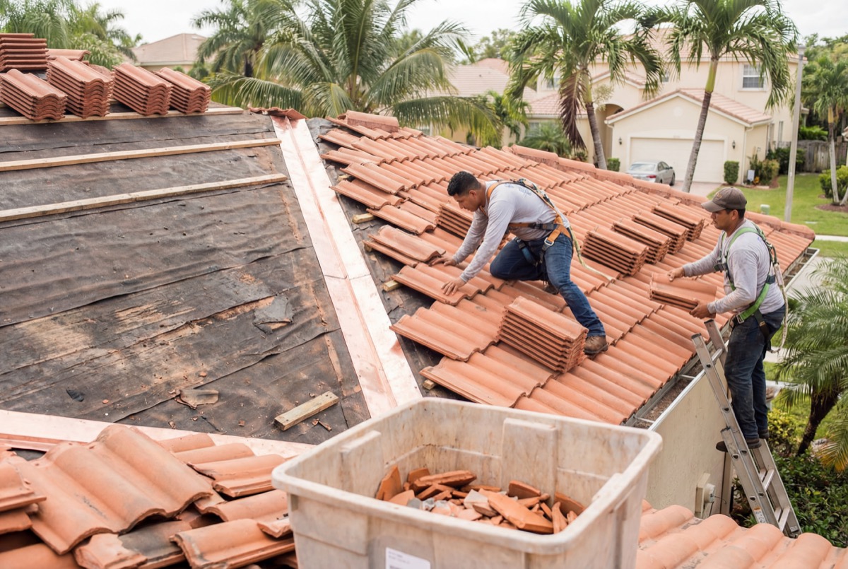 Roofers installing red clay tiles on house roof