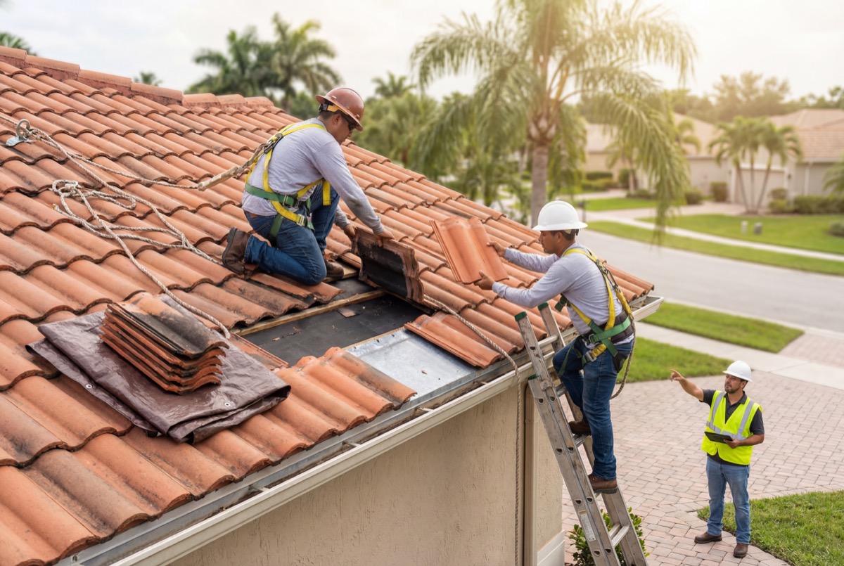 Roofers installing clay tiles on house roof