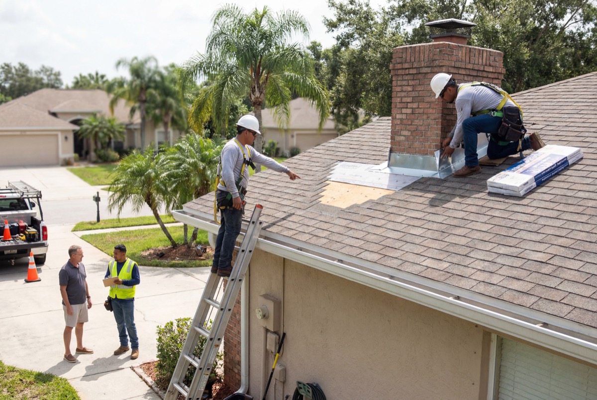 Roofers repairing shingles on house roof