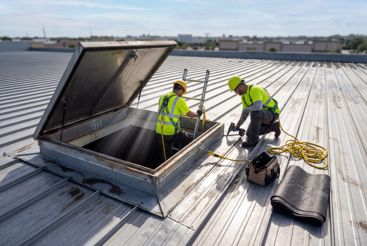Workers inspecting rooftop hatch on metal roof