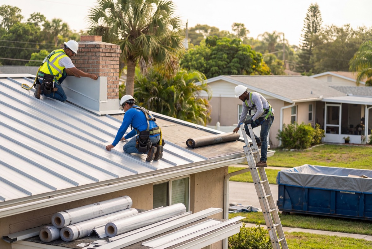 Workers installing metal roof on house