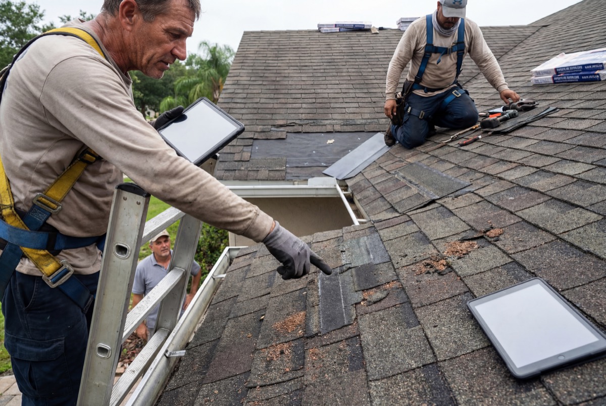 Roofers repairing damaged shingles on house roof