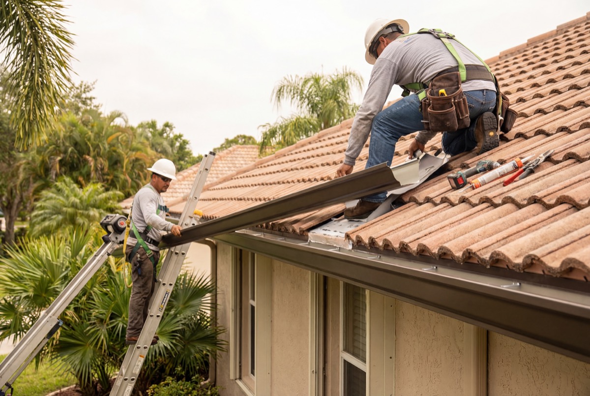 Roofers installing clay tiles on house roof