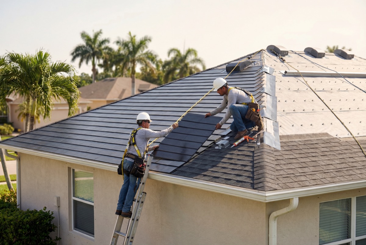 Roofers installing shingles on house roof