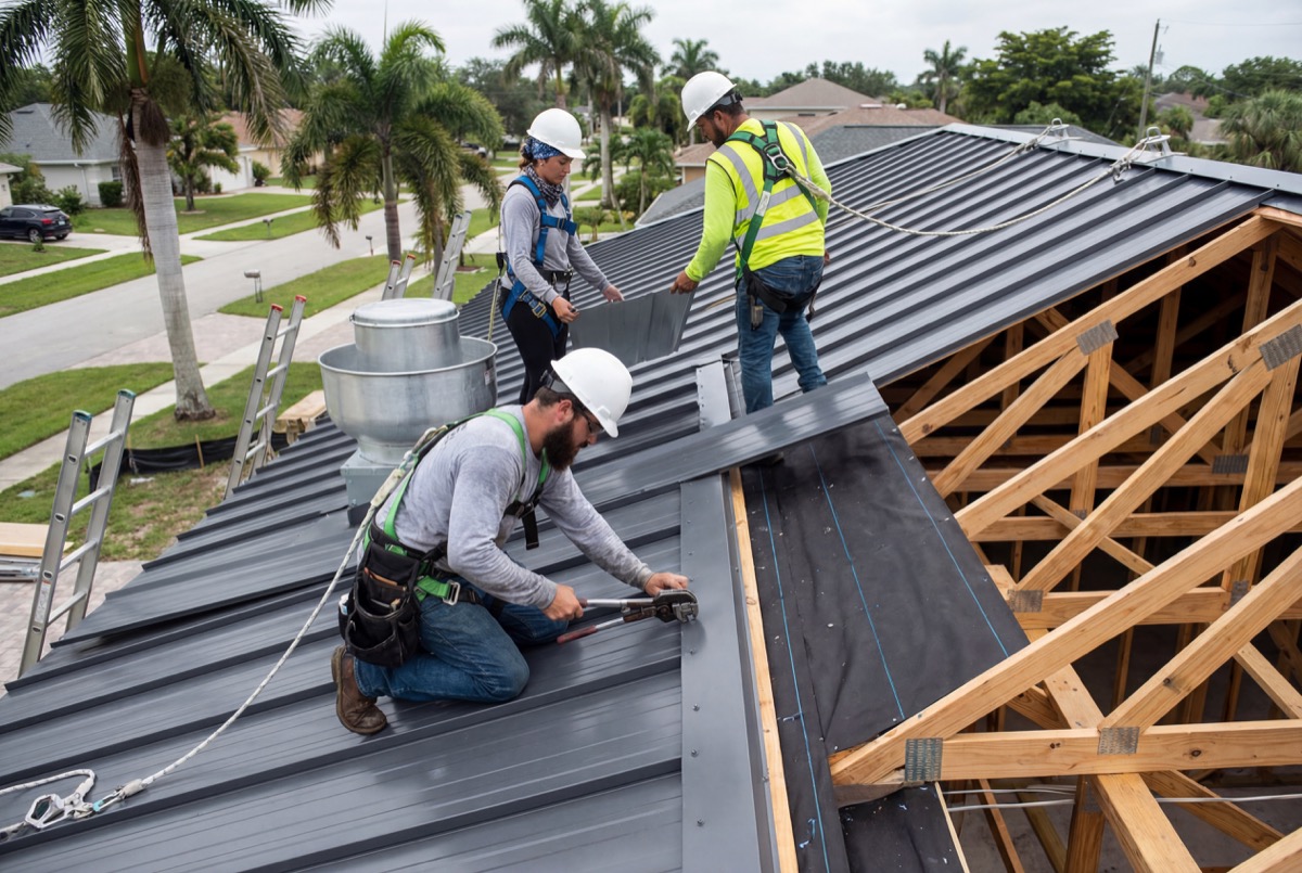 Workers installing metal roof panels outdoors