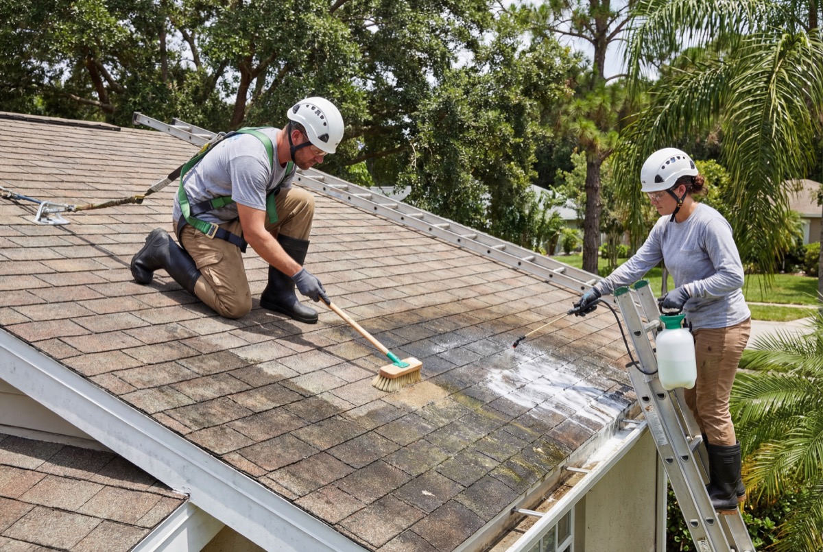 Workers cleaning roof shingles with pressure washer