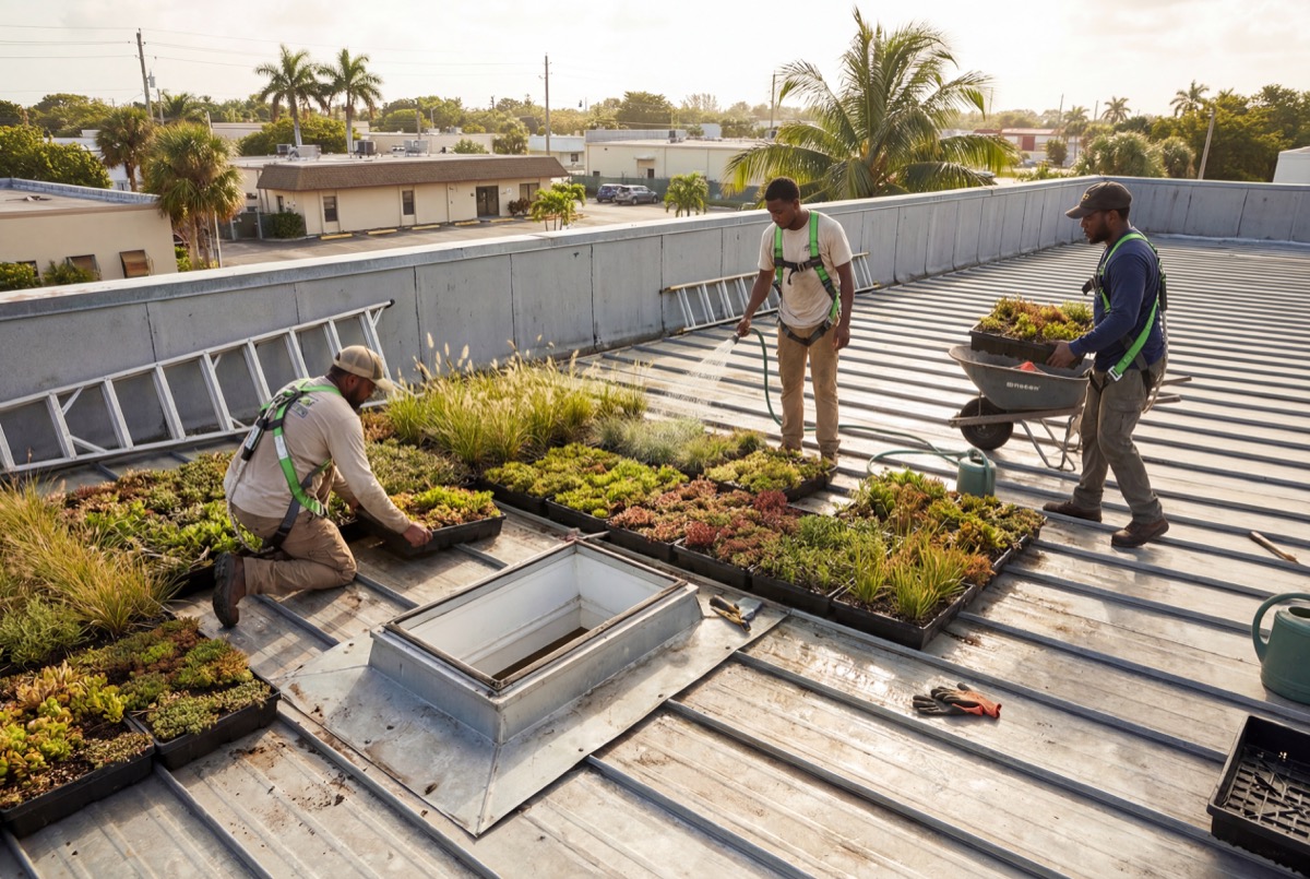 Workers installing green roof plants on rooftop