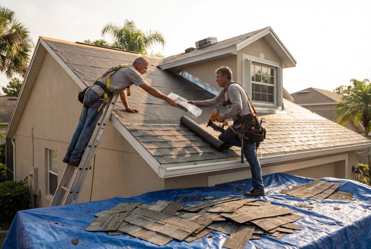 Roofers replacing shingles on house roof