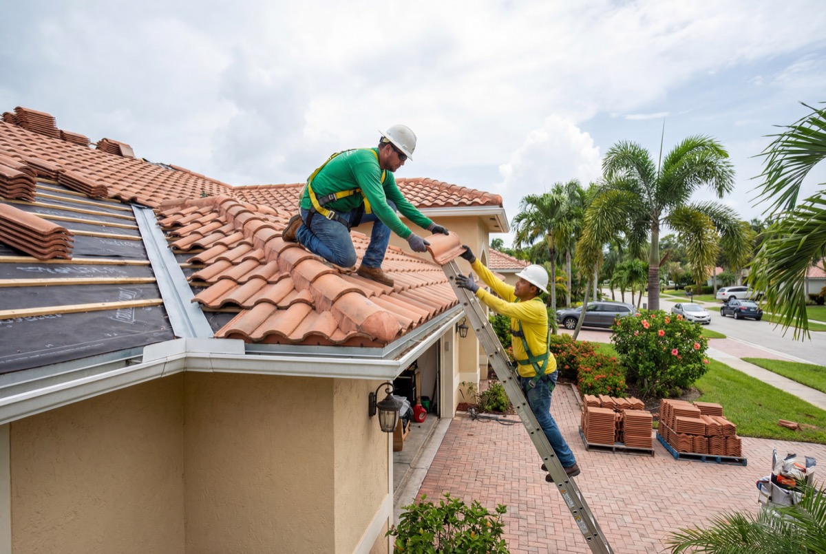 Roofers installing clay tiles on house roof