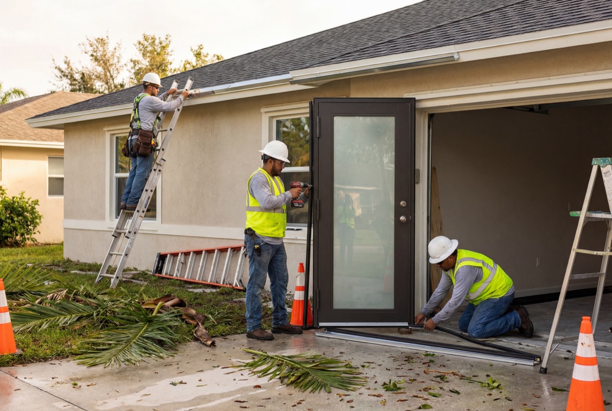 Workers installing glass door at house exterior
