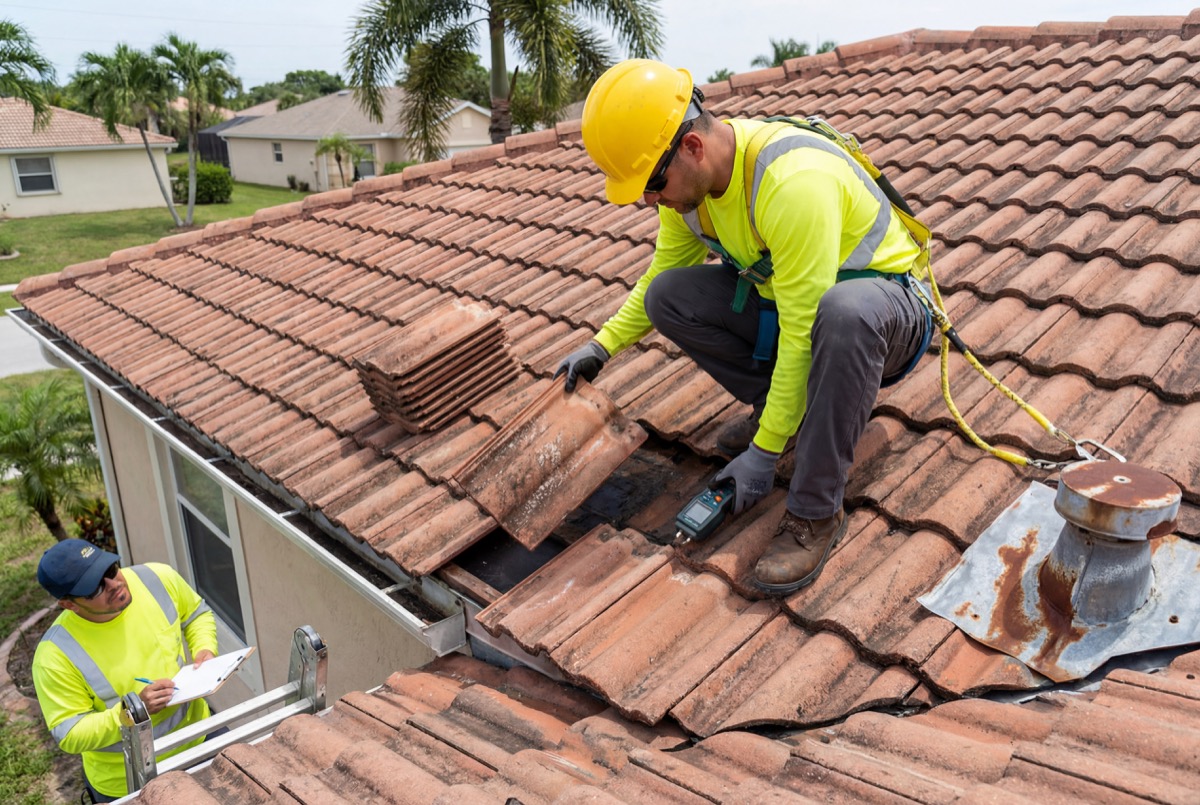 Worker repairing roof tiles on residential house