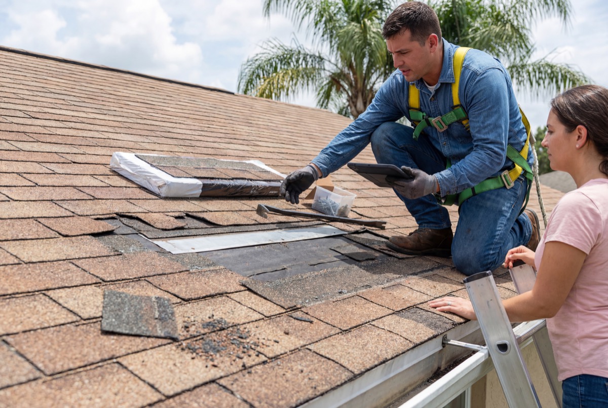 Roofer replacing shingles on house roof