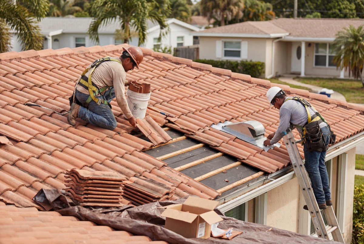 Roofers installing clay tiles on house roof