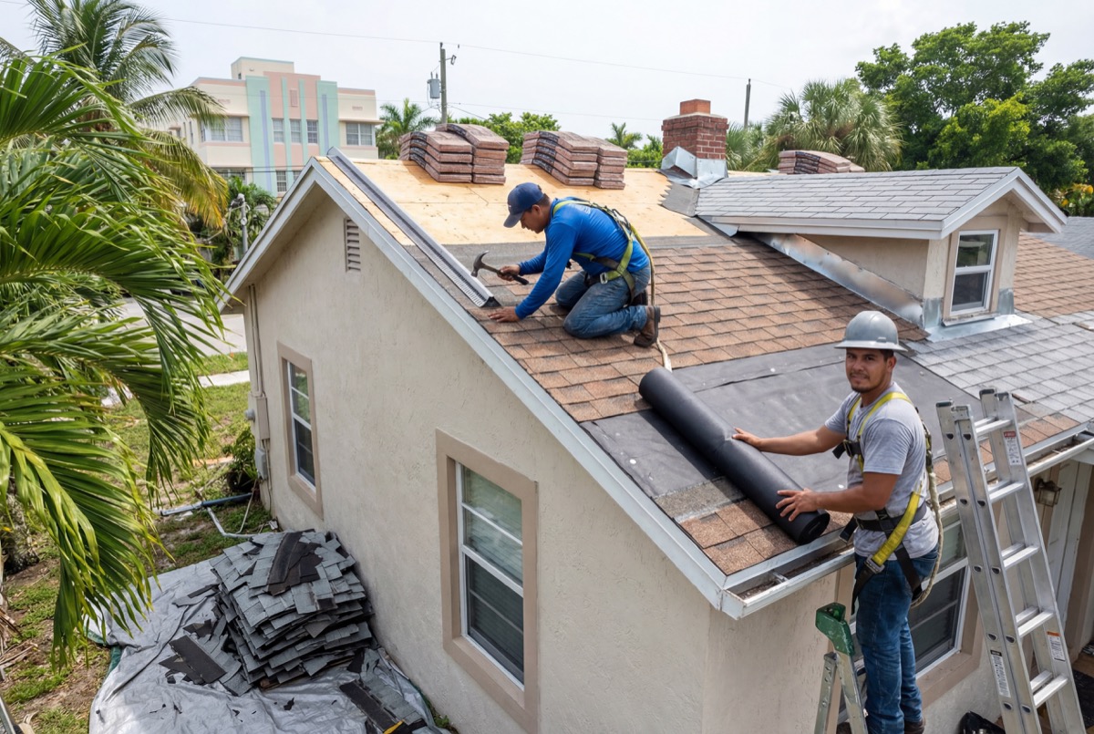 Roofers installing shingles on house roof