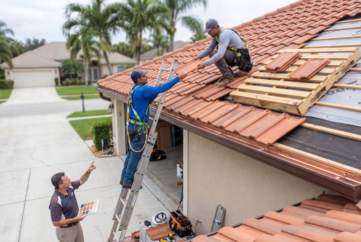 Roofers installing clay tiles on house roof