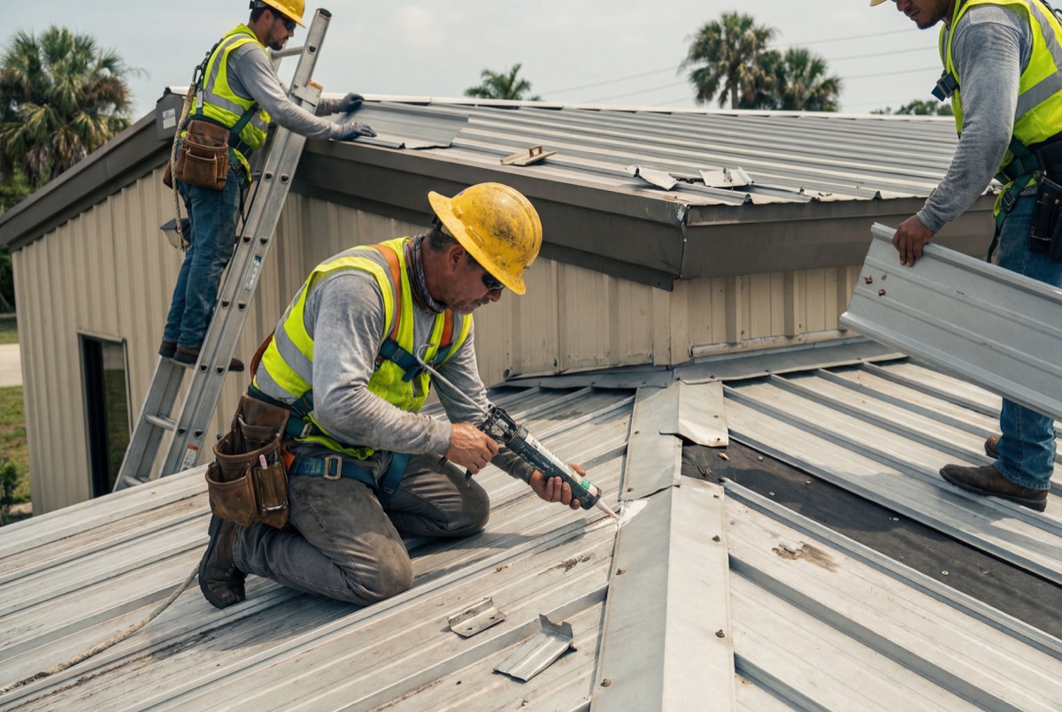Workers installing metal roof panels outdoors