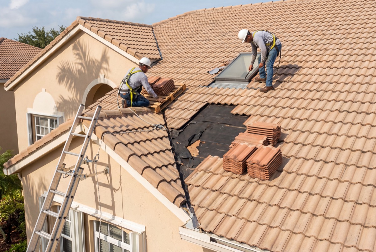 Workers installing clay roof tiles on house