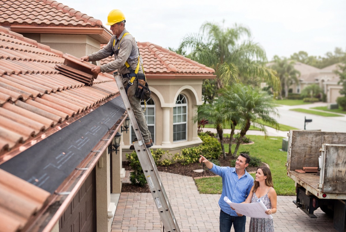 Roofer installing roof tiles on house