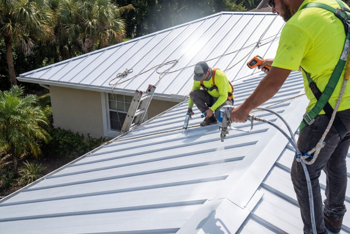 Workers installing metal roof panels on house