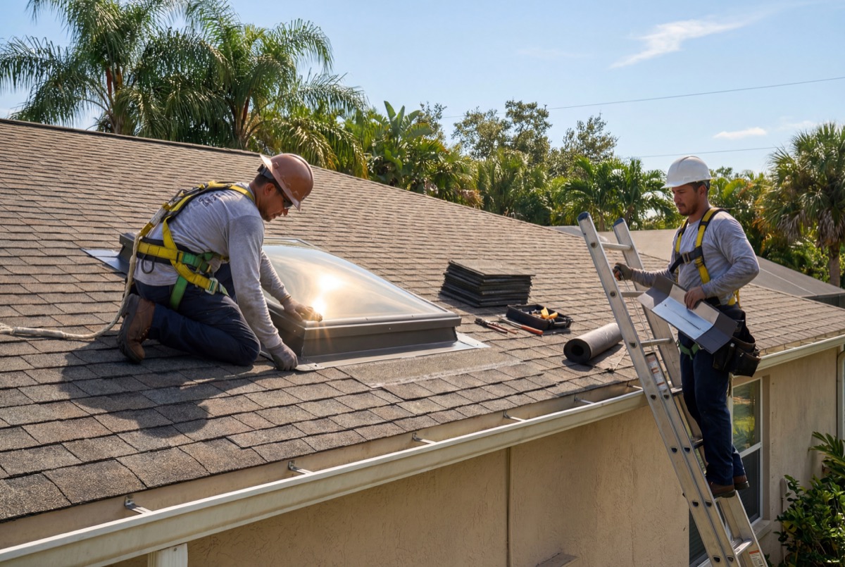 Workers installing skylight on house roof