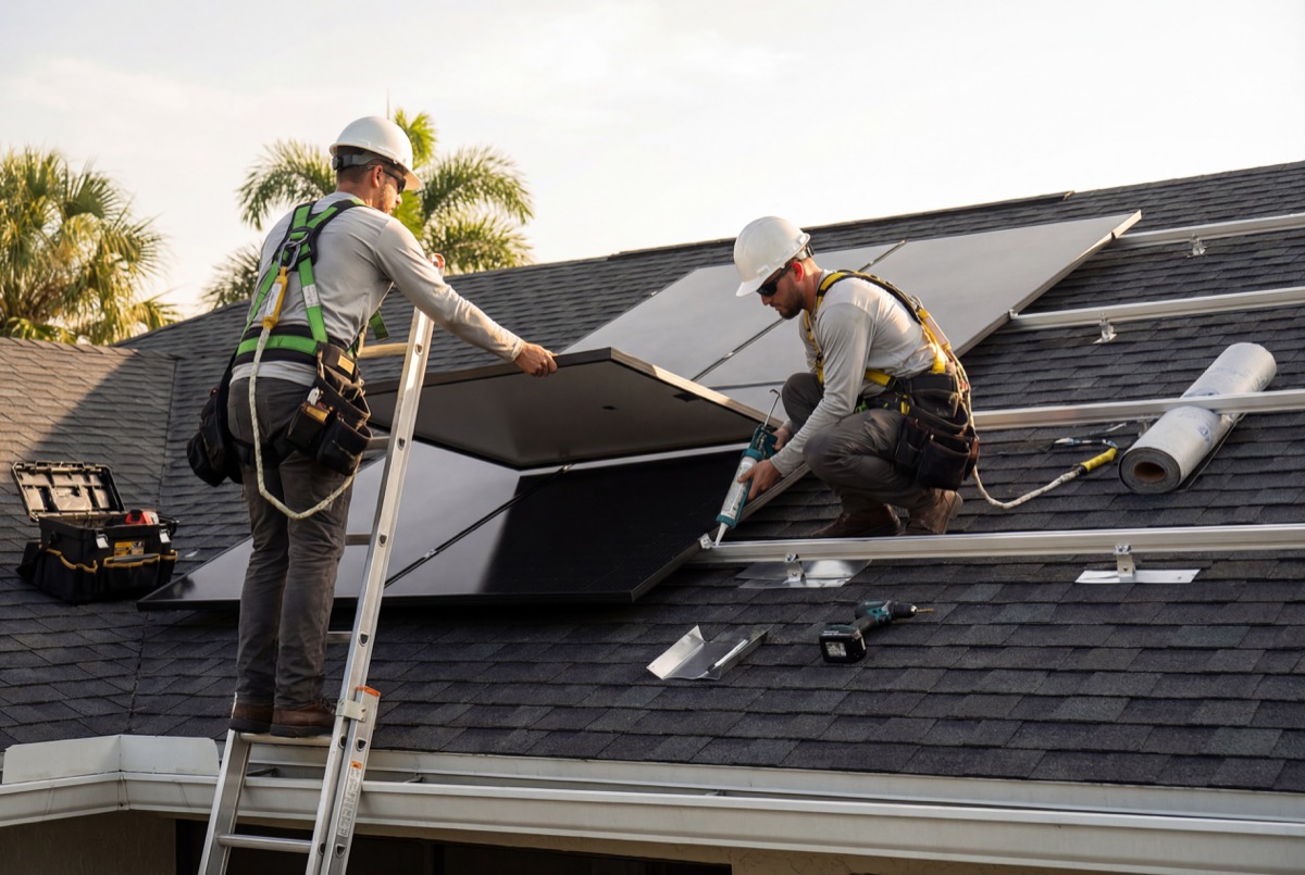 Workers installing solar panels on roof