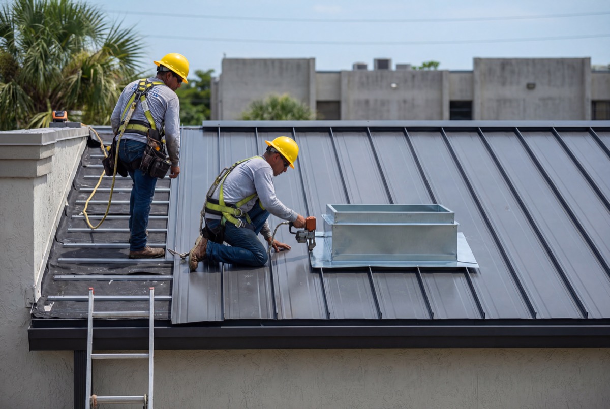 Workers installing metal roof on house