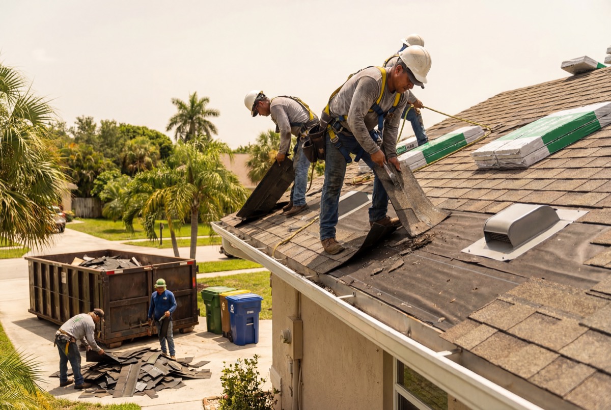 Workers installing shingles on house roof