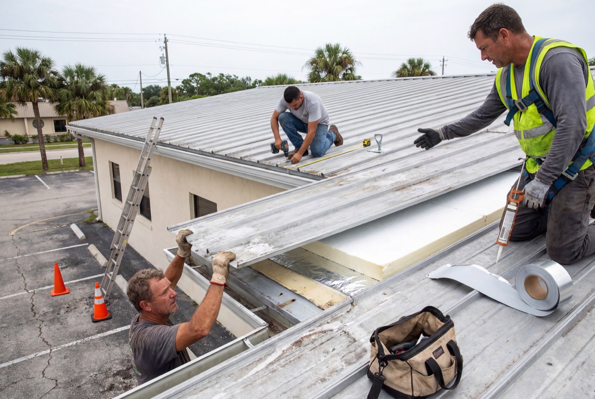 Workers installing metal roof panels outdoors