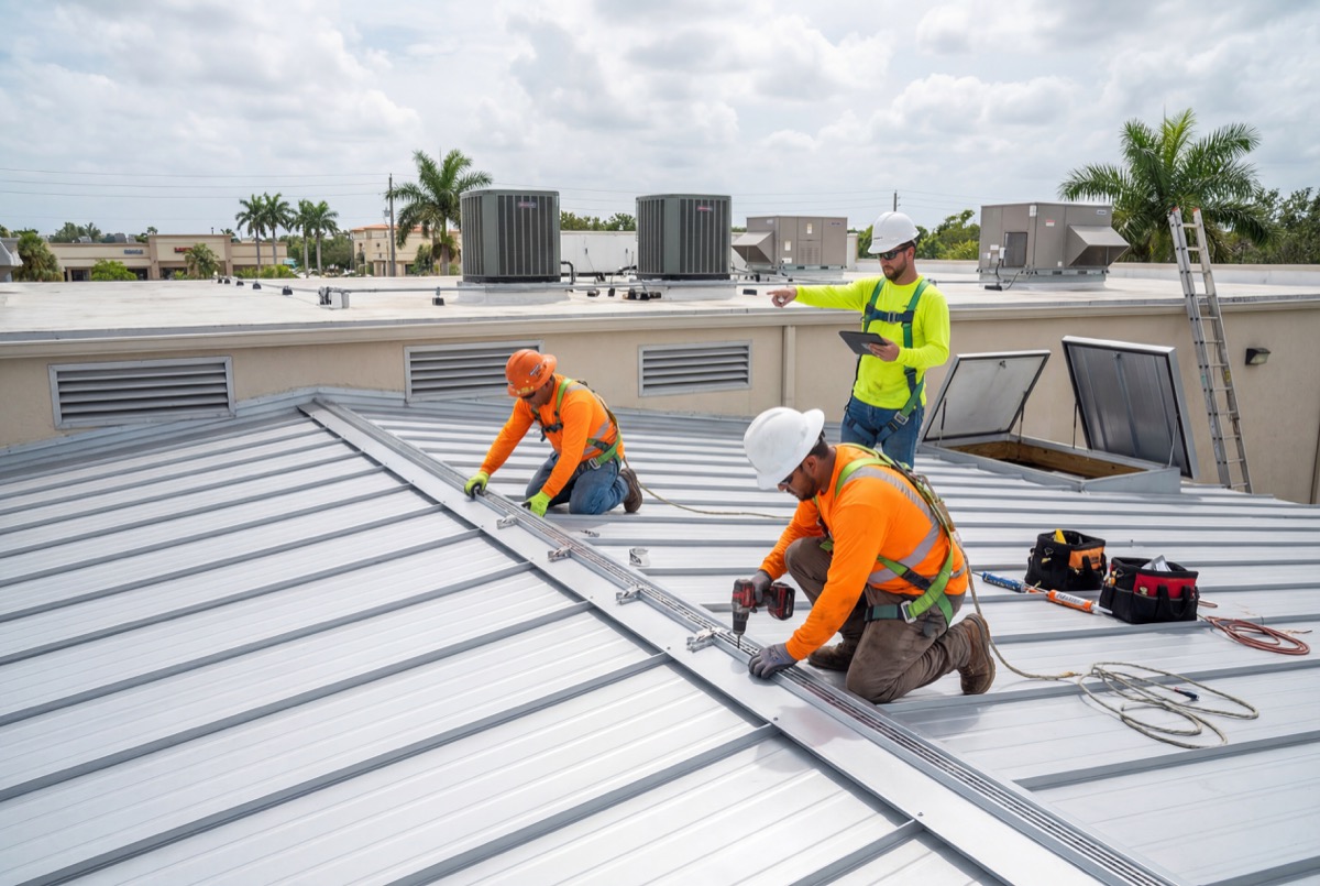 Workers installing metal roof panels outdoors