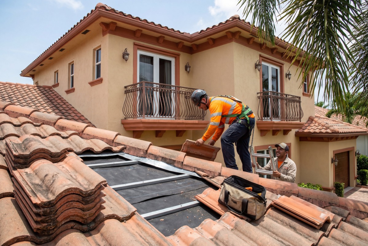 Roofer installing solar panels on tile roof