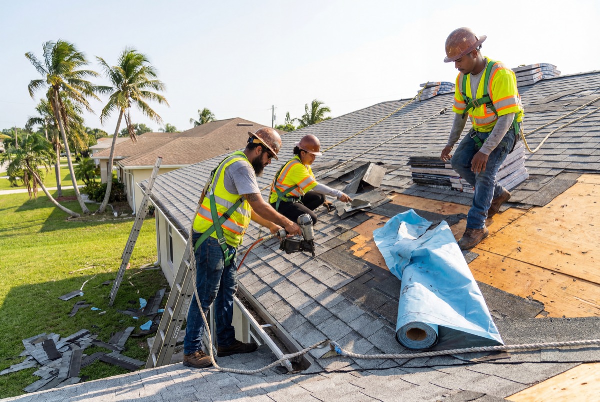 Workers installing shingles on house roof