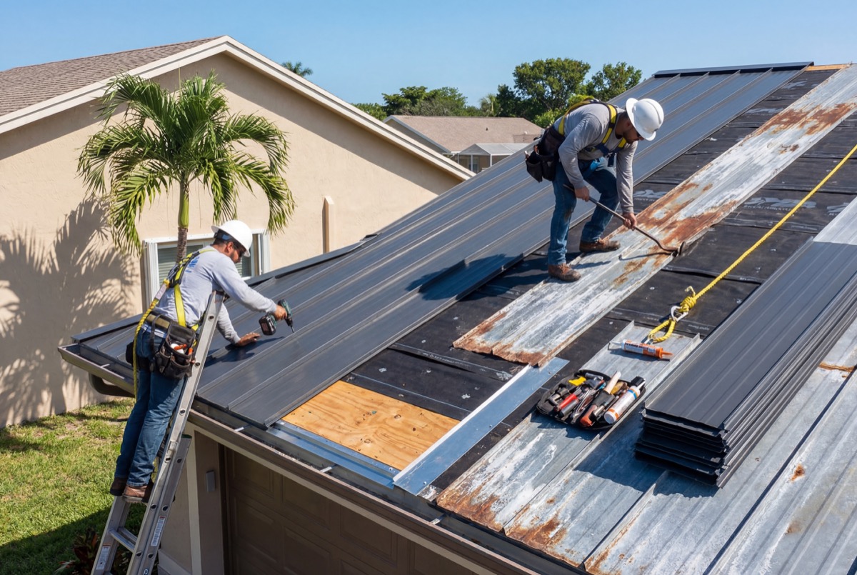 Workers installing solar panels on roof
