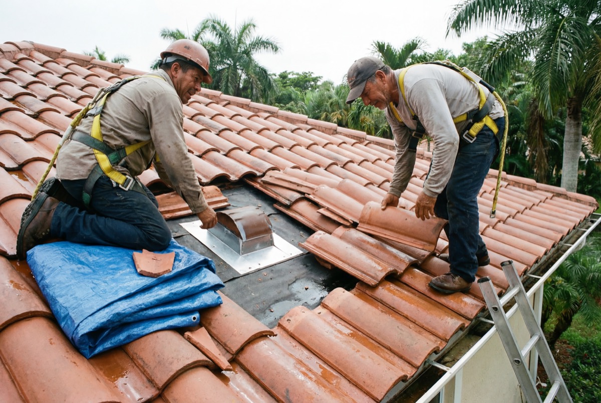 Roofers installing clay tiles on house roof