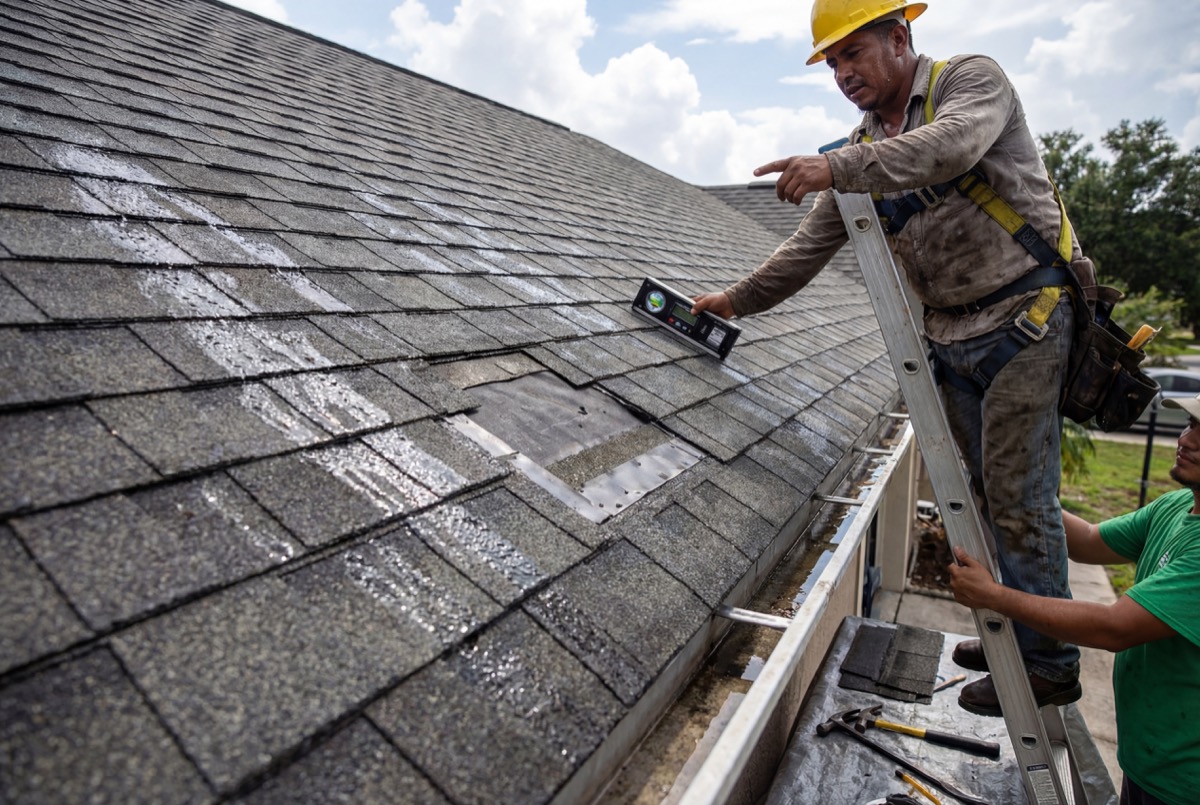 Worker inspecting roof shingles with level tool