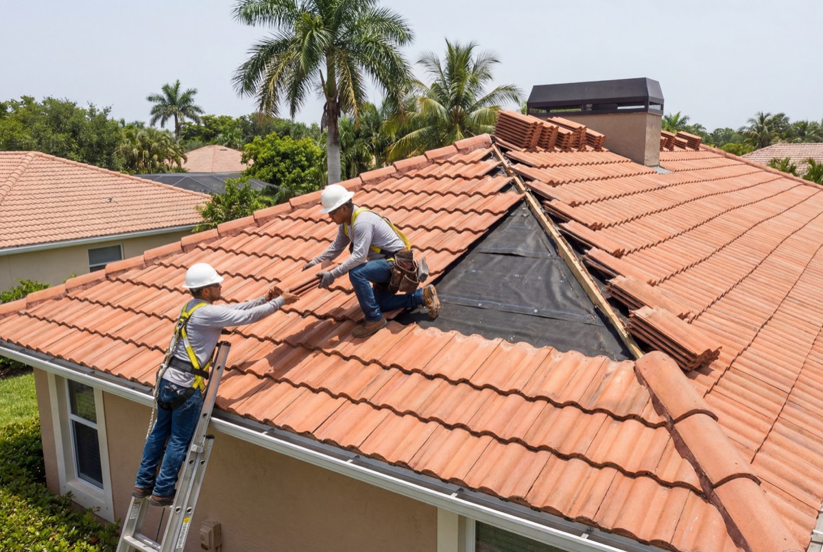 Roofers installing clay tiles on house roof