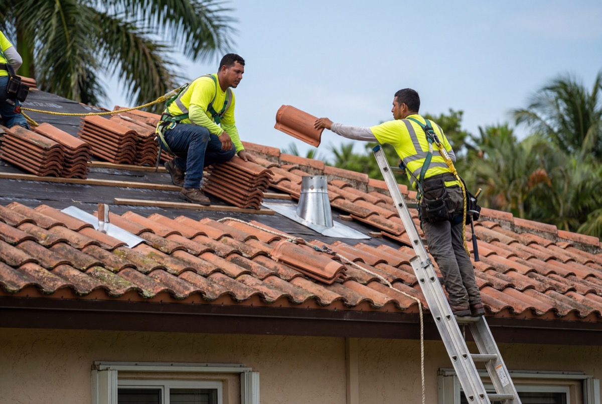 Roofers installing clay tiles on house roof