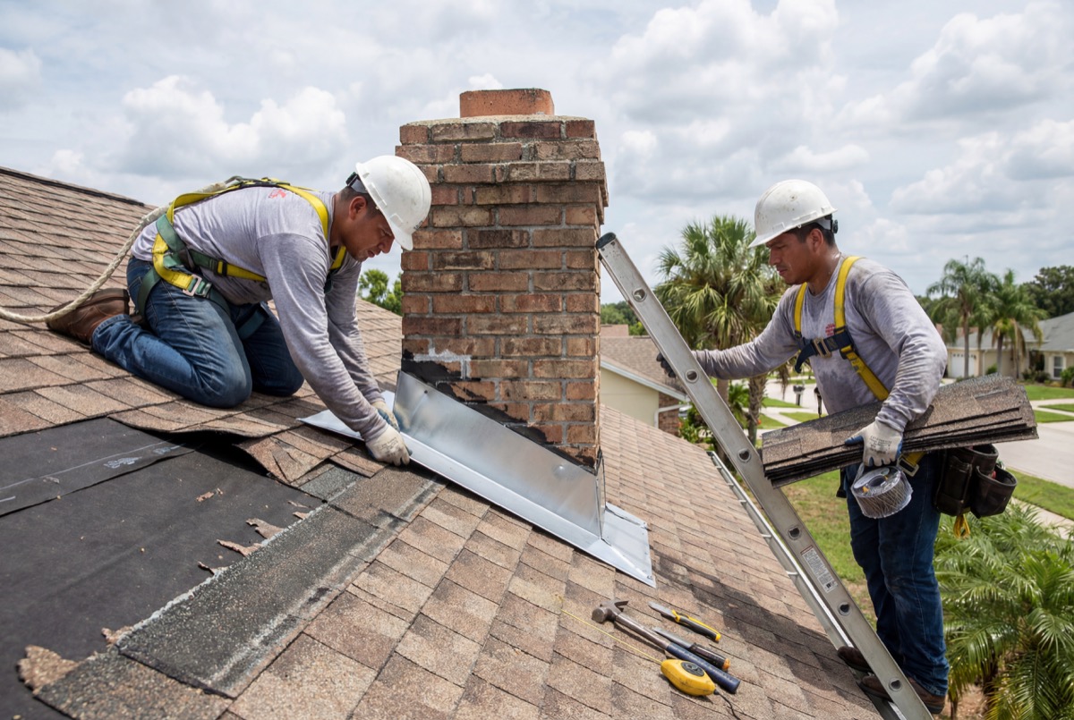 Roofer fitting metal flashing around chimney