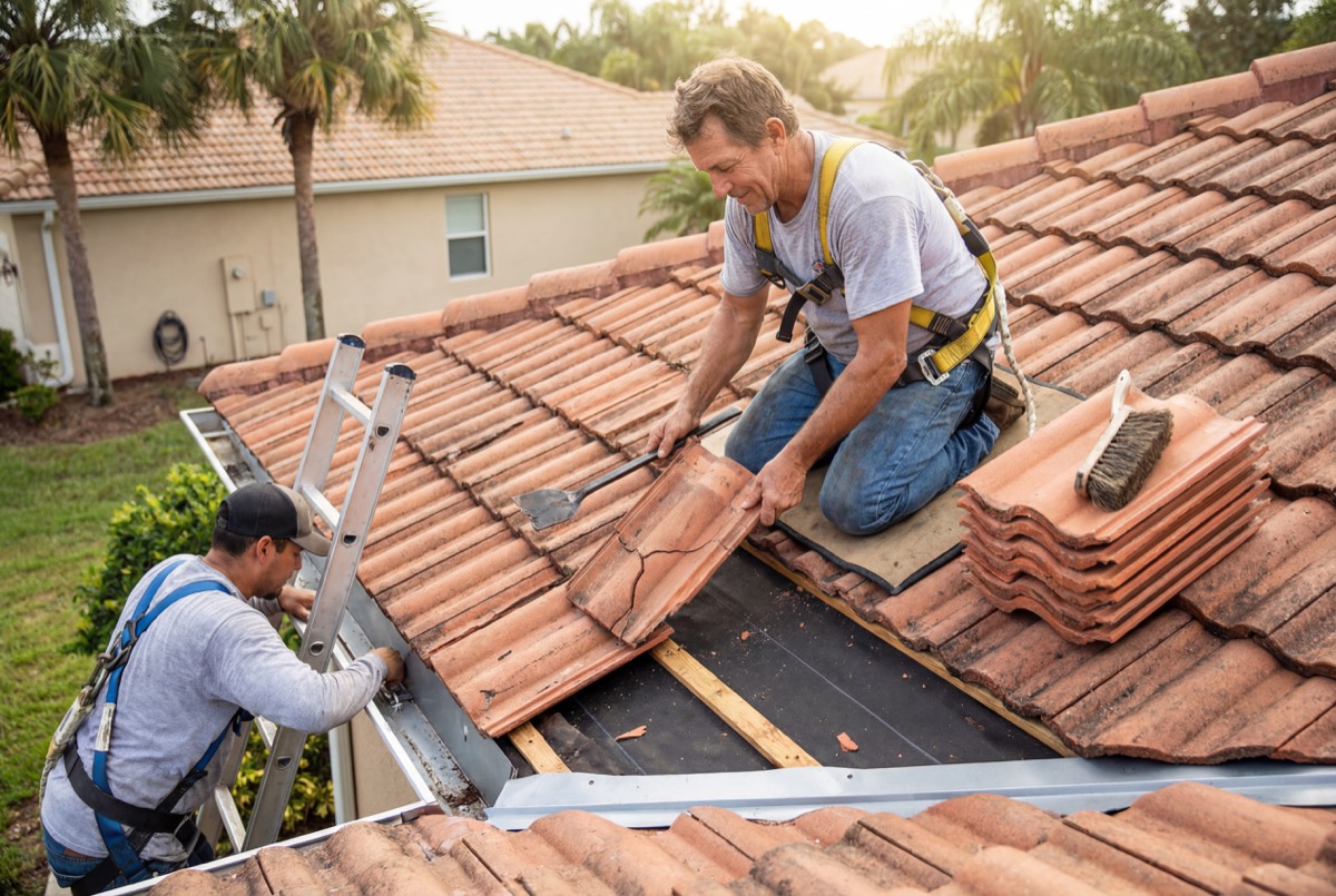Roofers installing clay tiles on house roof