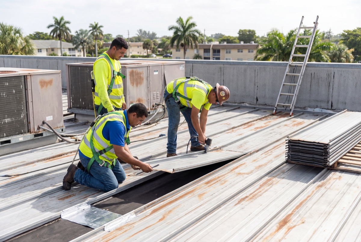 Workers installing metal roof panels outdoors