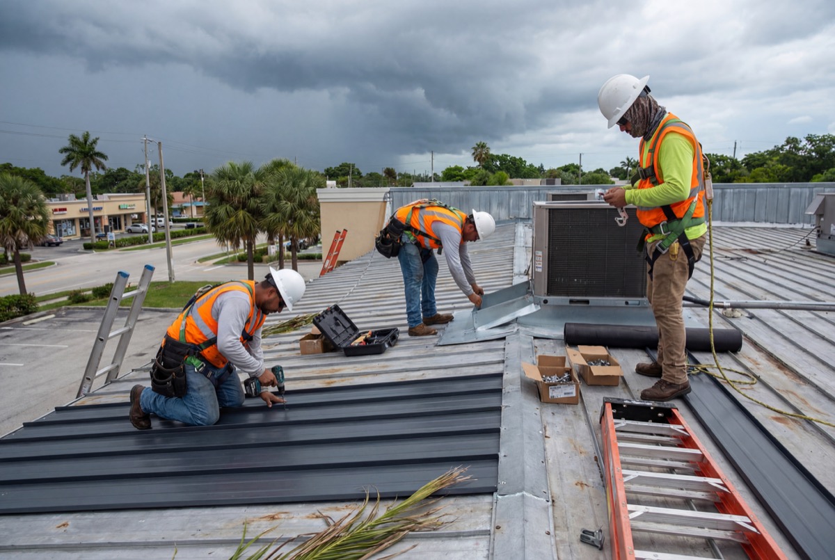 Workers installing metal roof panels outdoors