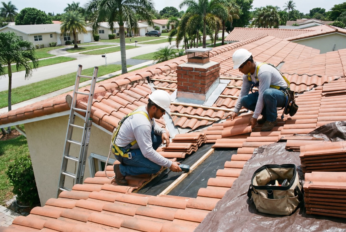 Roofers installing terracotta tiles on house roof