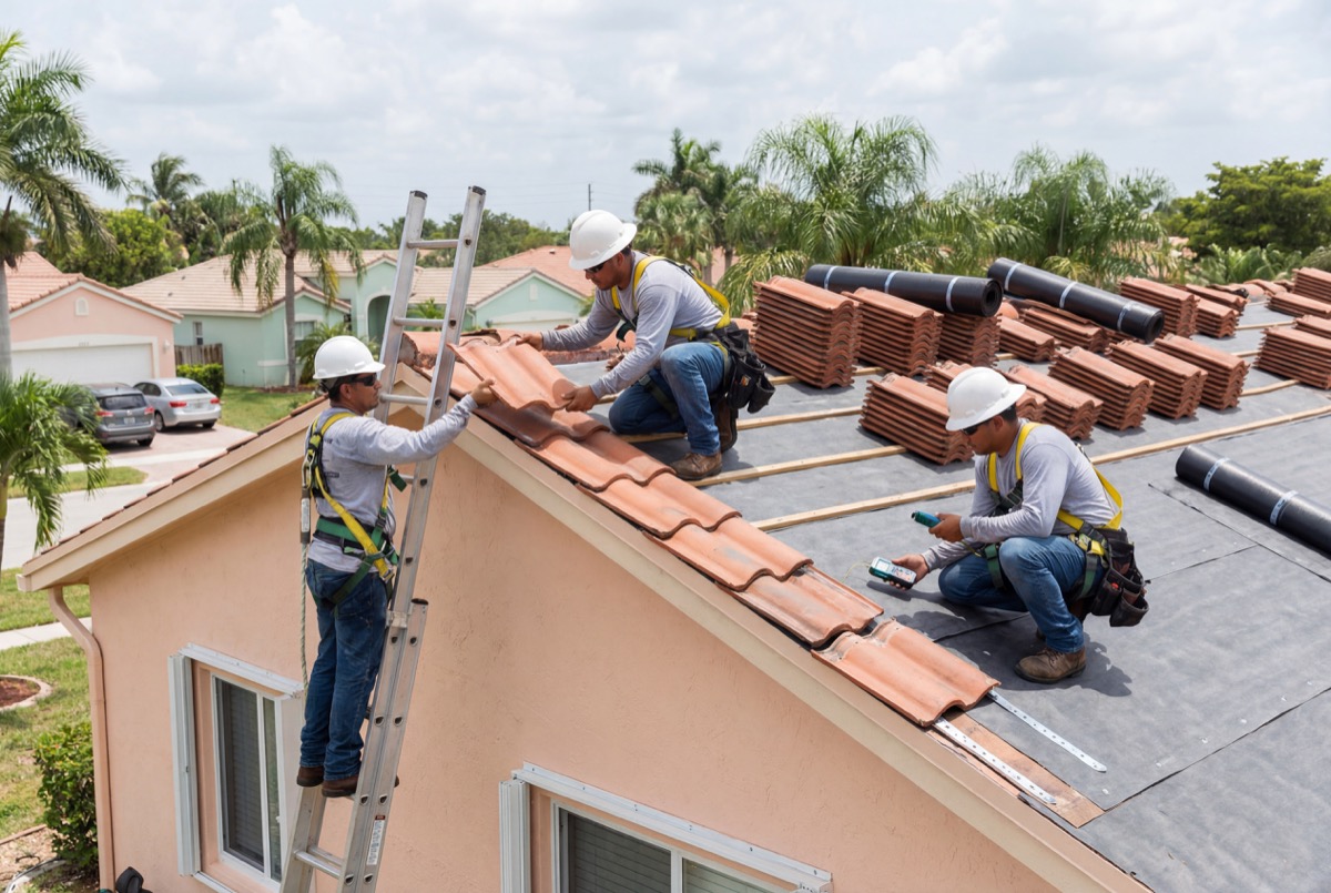 Roofers installing clay tiles on house roof