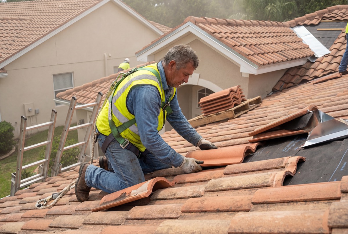 Worker installing terracotta roof tiles