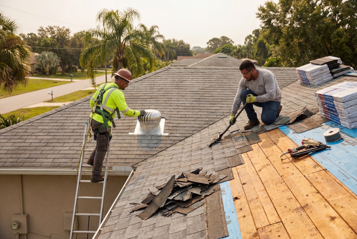 Roofers installing asphalt shingles on house roof